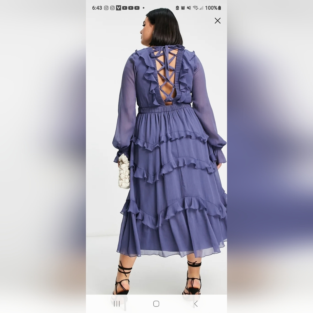 ASOS Curve Long Sleeve Ruffle Dress in Blue